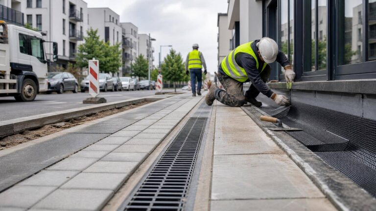 Trabalhadores em rua urbana reformando calçada e instalando grelhas de drenagem para evitar alagamentos.