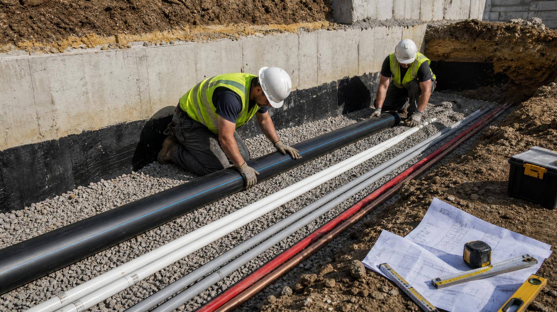 Trincheira de fundação residencial exibindo instalação de tubos de PEAD comparados a PVC, CPVC, PEX e cobre